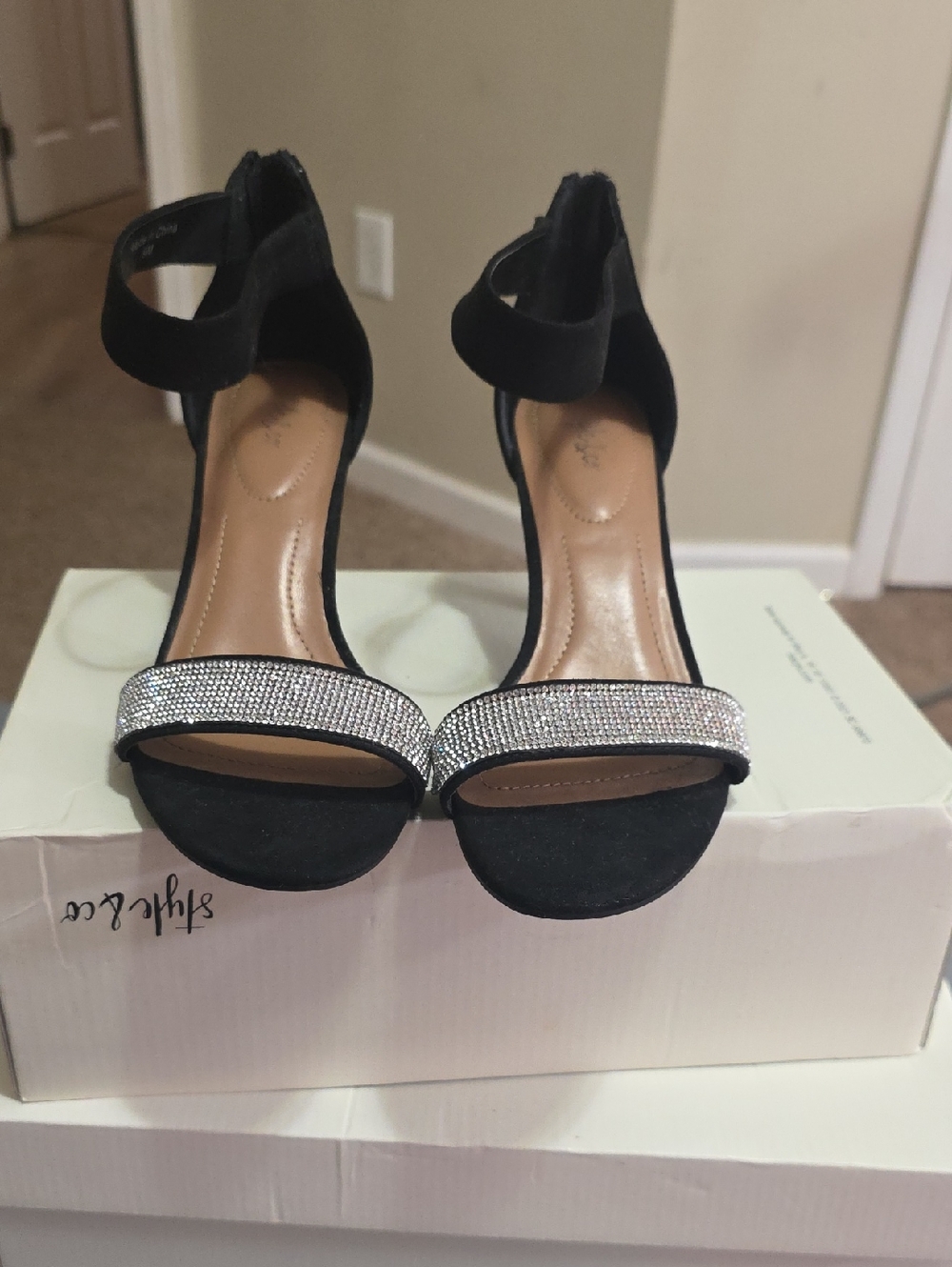 Style & Co. Black Suede Ankle-Strap Heels with Rhinestone Front Band